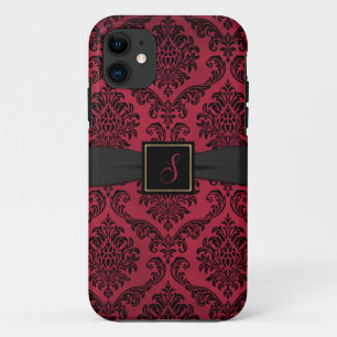 Capa Para iPhone 11 Vermelho Gótico e Damasco Preto Monograma