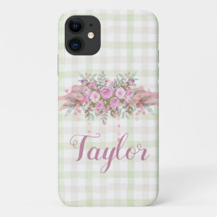 Capa Para iPhone 11 Verruga Floral Rosa Verde Gingham