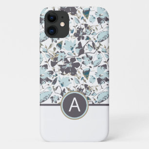 Capa Para iPhone 11 Vinha Azul Azul-Floral De Cor Azul, Monograma 