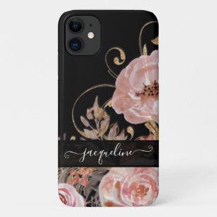 Capa Para iPhone 11 Vintage Black Rosa Dourado Elegante Elegante Flora