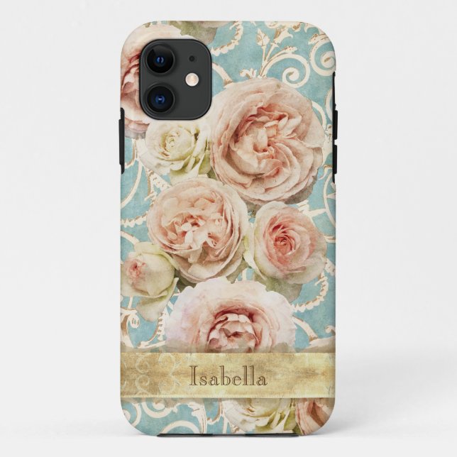 Capa Para iPhone 11 Vintage Blush Pink Heirloom Rosas Floral Damask (Verso)
