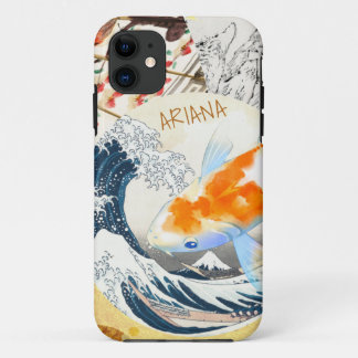 Capa Para iPhone 11 Vintage Chic Dourado Koi Pond, dos monogramas japo