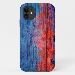 Capa Para iPhone 11 Vintage de madeira vermelho e azul