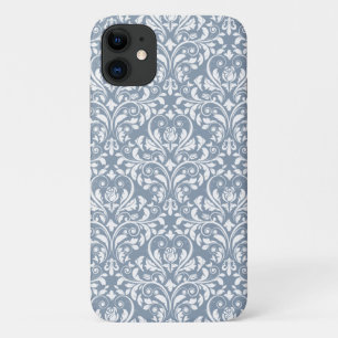 Capa Para iPhone 11 Vintage Dusty Cor damasco Floral Branca e Azul