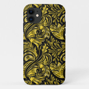 Capa Para iPhone 11 Vintage, elegante, floral, preto e dourado