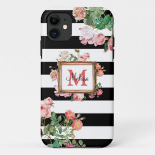 Capa Para iPhone 11 Vintage Floral e Stripes Monograma Antiquado