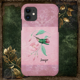 Capa Para iPhone 11 Vintage Pink e Mint Hummingbird Damask