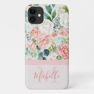 Capa Para iPhone 11 Vintage Pink White Rose Monograma e Nome