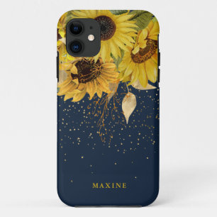 Capa Para iPhone 11 Vintage Rustic Sunflower, Marinho e Dourado Nome P