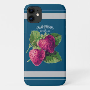 Capa Para iPhone 11 Vintage Strawberry Berry Adiciona Seu Nome Azul Ve