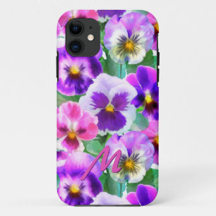 Capa Para iPhone 11 Violetas Coloridas Monograma da Flor Pansy