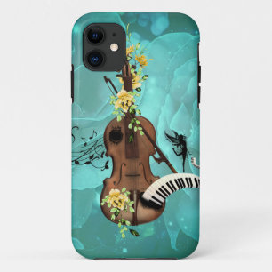 Capa Para iPhone 11 Violino maravilhoso com piano e flores