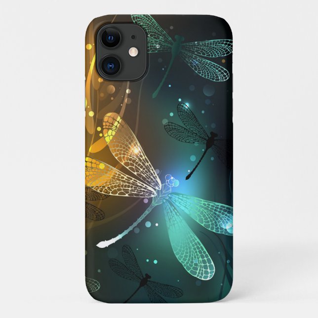 Capa Para iPhone 11 Voo luminoso verde de libélula (Verso)