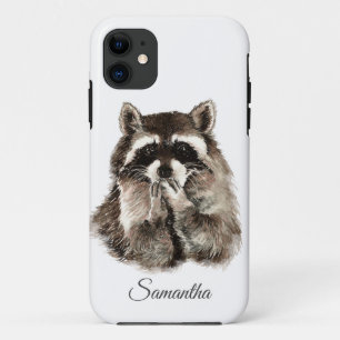 Capa Para iPhone 11 Watercolor Fund Raccoon soprando Kisses Nome Perso