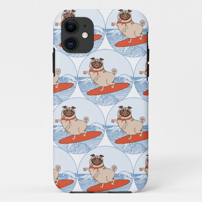 Capa Para iPhone 11 Wave riding happy pug dog on surfboard  scarf band (Verso)