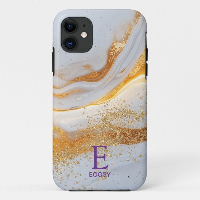 Capa Para iPhone 11 White marble chic gold glitter monogram (Verso)