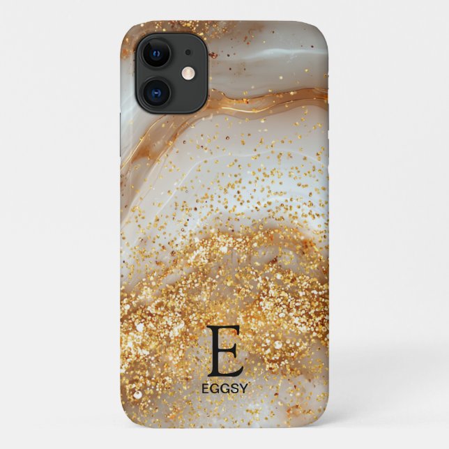 Capa Para iPhone 11 White marble chic gold glitter monogram (Verso)