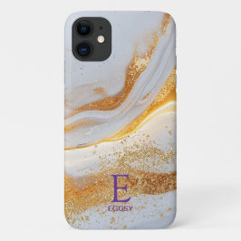 Capa Para iPhone 11 White marble chic gold glitter monogram