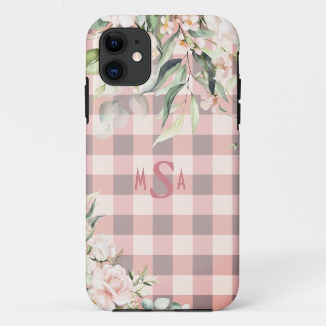 Capa Para iPhone 11 Xadrez Rosa e Branco Gingham Floral Monograma (Verso)