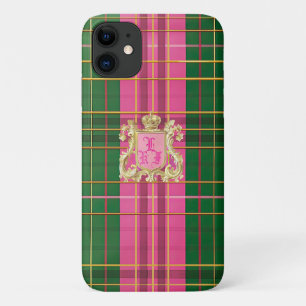 Capa Para iPhone 11 Xadrez rosa e verde refinados monogramas