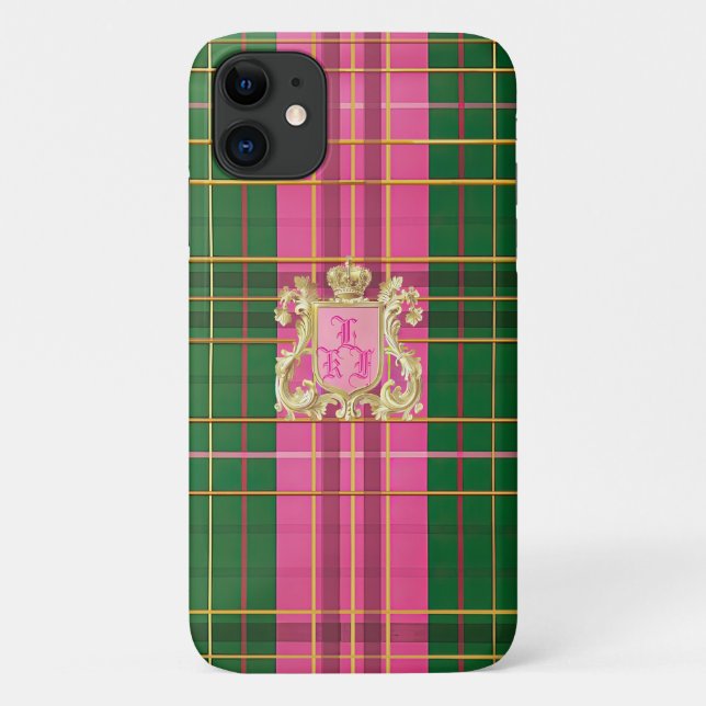 Capa Para iPhone 11 Xadrez rosa e verde refinados monogramas (Verso)