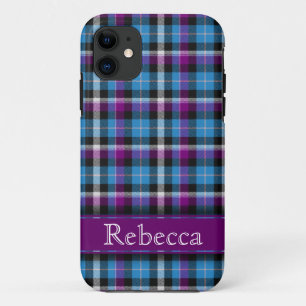 Capa Para iPhone 11 Xadrez Roxa e Azul com Nome Personalizável