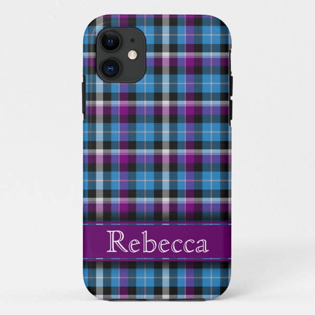 Capa Para iPhone 11 Xadrez Roxa e Azul com Nome Personalizável (Verso)