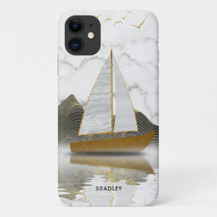 Capa Para iPhone 11 Yacht Sailing Na moda Modern Dourado Marble Name