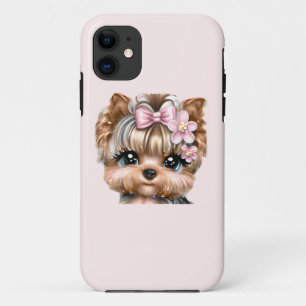 Capa Para iPhone 11 Yorkie bonito com um Arco rosa