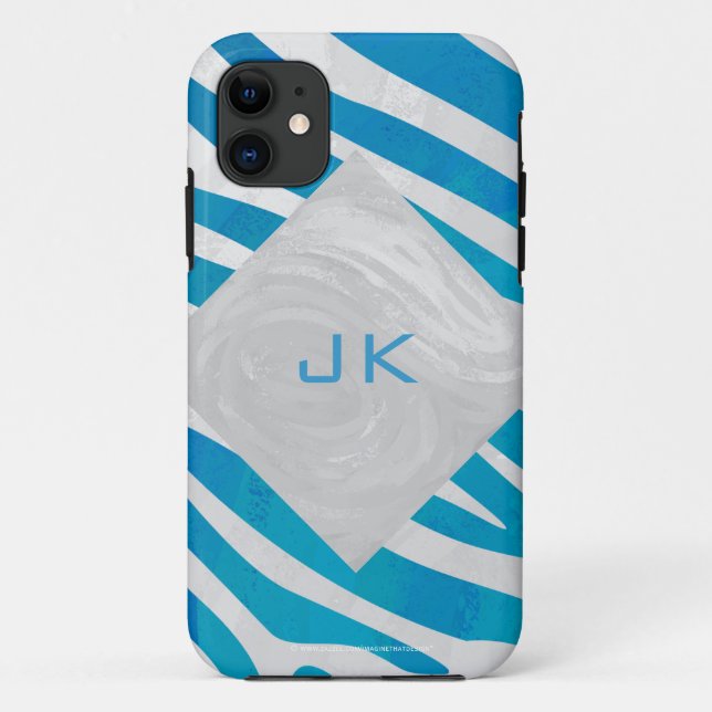 Capa Para iPhone 11 Zebra Azul e Branco com Monograma (Verso)