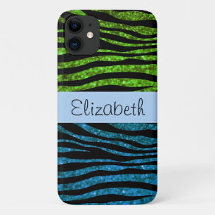 Capa Para iPhone 11 Zebra Azul, Zebra Verde, Zebra Glitter, Seu Nome