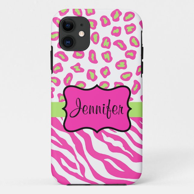 Capa Para iPhone 11 Zebra Branca Cor-de-Rosa, Leopardo, Nome Personali (Verso)