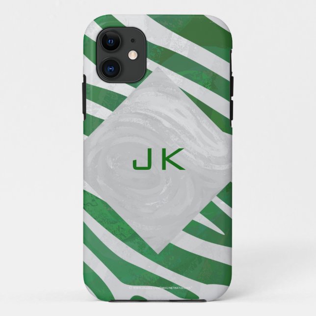 Capa Para iPhone 11 Zebra Monograma Impressão verde e branco (Verso)