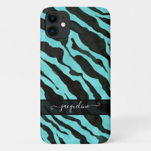 Capa Para iPhone 11 Zebra Pele Padrão Aqua Azul Nome Negro