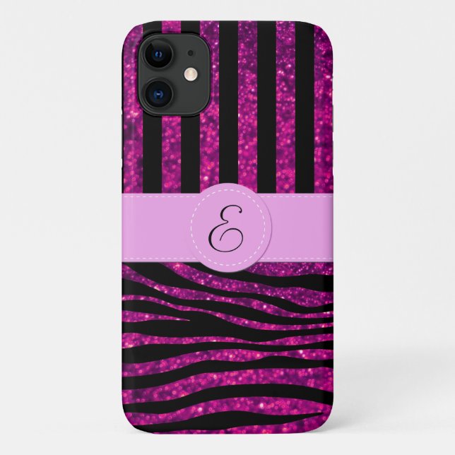 Capa Para iPhone 11 Zebra Rosa, Zebra Brilhante, Strips Rosa, Monogram (Verso)