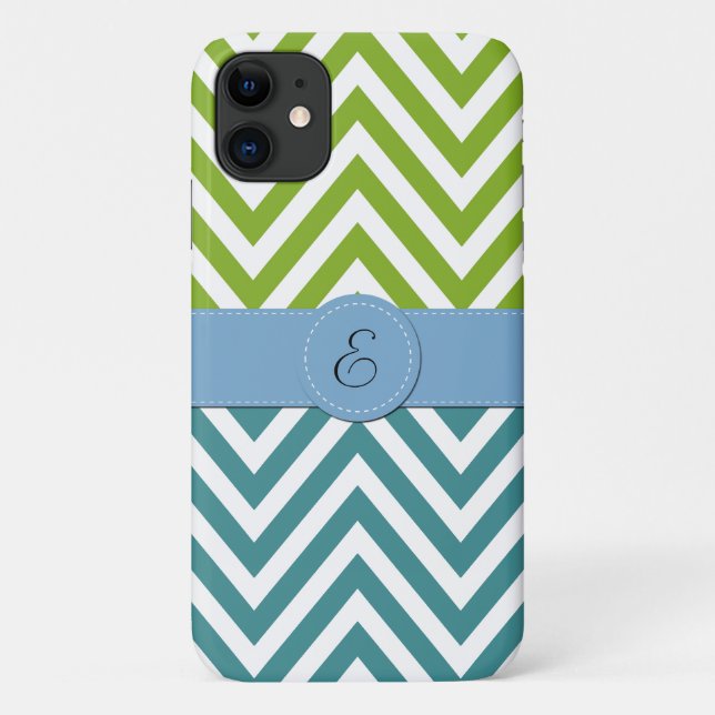 Capa Para iPhone 11 Zigzag Azul, Zigzag Verde, Chevron, Monograma (Verso)