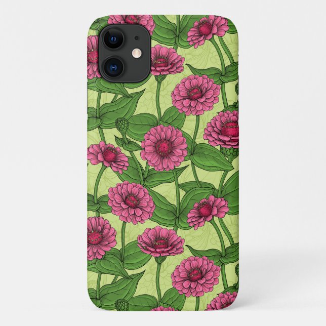 Capa Para iPhone 11 Zinnias cor-de-rosa em verde claro (Verso)