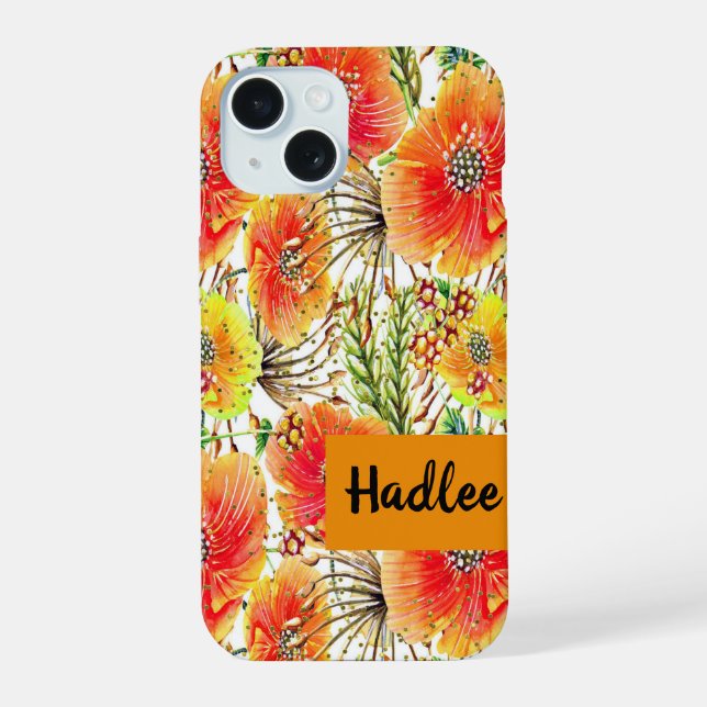 Capa para iPhone 15 com Flores Laranja e Amarelas (Verso)