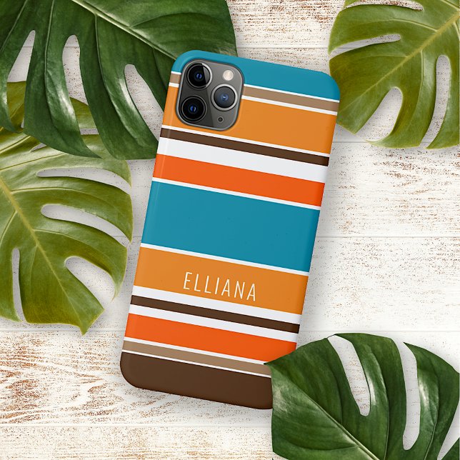 Capa Para iPhone Azul Teal Verão Laranja Ochre Amarelo Stripes Bran (Criador carregado)