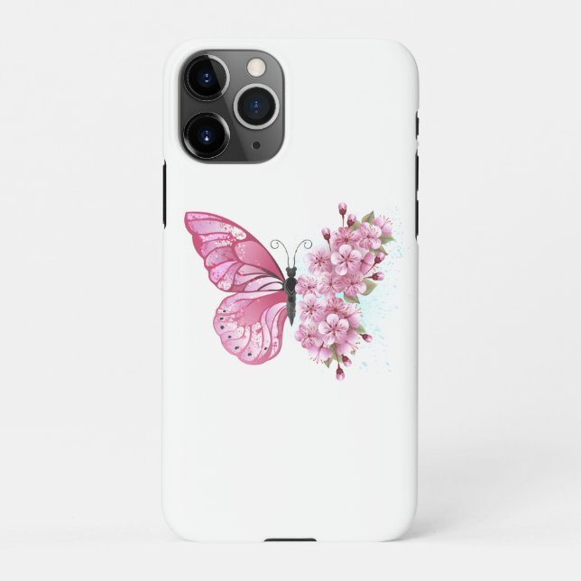 Capa Para iPhone Borboleta Flor com Sakura Rosa (Verso)