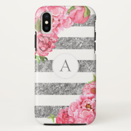 Capa Para iPhone X A prata floral cor-de-rosa da aguarela listra o