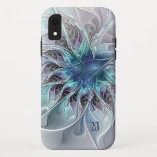 Capa Para iPhone Da Case-Mate Abstrato Moderno Flor Fractal Com Monograma Azul