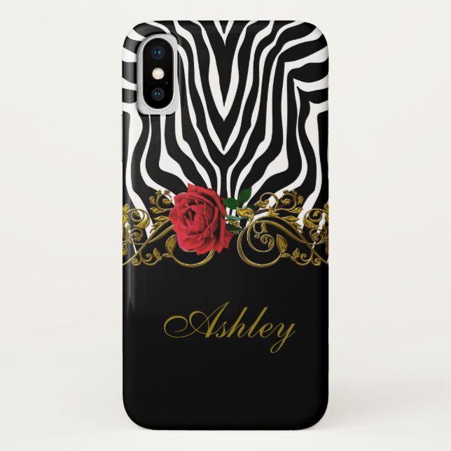 Capa Para iPhone, Case-Mate Abstrato Zebra Flor Vermelho Negro Branco Dourado  (Verso)