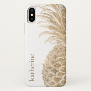 Capa Para iPhone X Adicione seu nome Pinanás Tropical Dourada