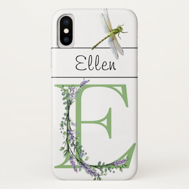 Capa Para iPhone, Case-Mate Alphabet letter E Lavanda Eucalyptus Dragonfly (Verso)