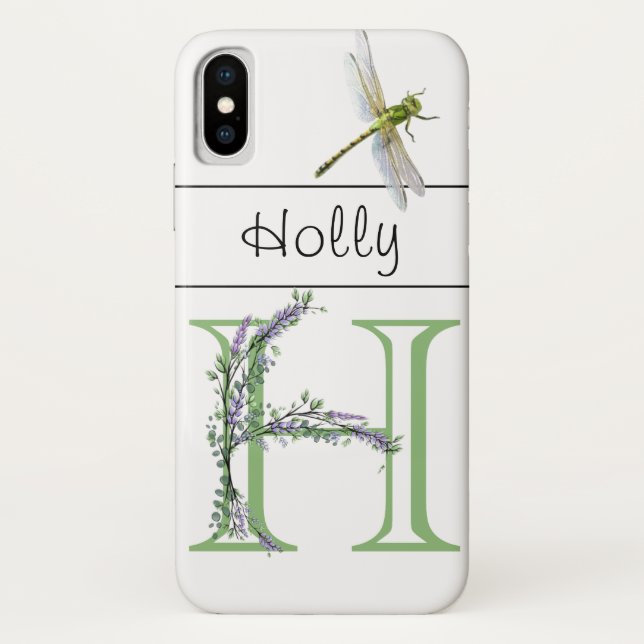 Capa Para iPhone, Case-Mate Alphabet letter H Lavanda Eucalyptus Dragonfly (Verso)