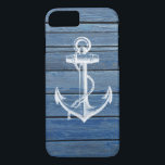 Capa iPhone 8/7 Âncora e madeira brancas do azul do vintage<br><div class="desc">Uma âncora e um vintage brancos desvaneceram-se os painéis de madeira azuis. Um design popular no fundo de madeira da textura. O presente original perfeito para cada ocasião</div>