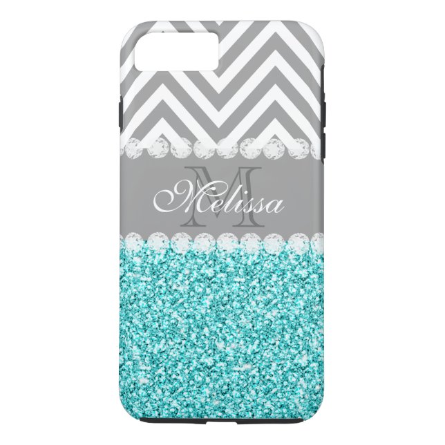 CAPA PARA iPhone, Case-Mate  AQUA GLITTER, CINZA CHEVRON, MONOGRAMMED (Verso)