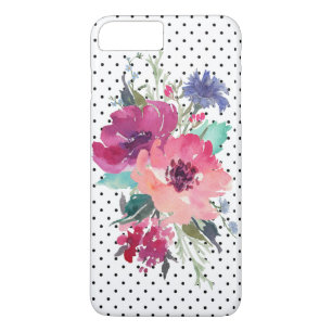Capa iPhone 8 Plus/7 Plus Aquarela Floral de Rosa selvagem em padrão pontilh