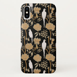 CAPA PARA iPhone X  ART DECO BROWN FLOWERS, PARRÓGÃOS BRANCOS EM PRETO
